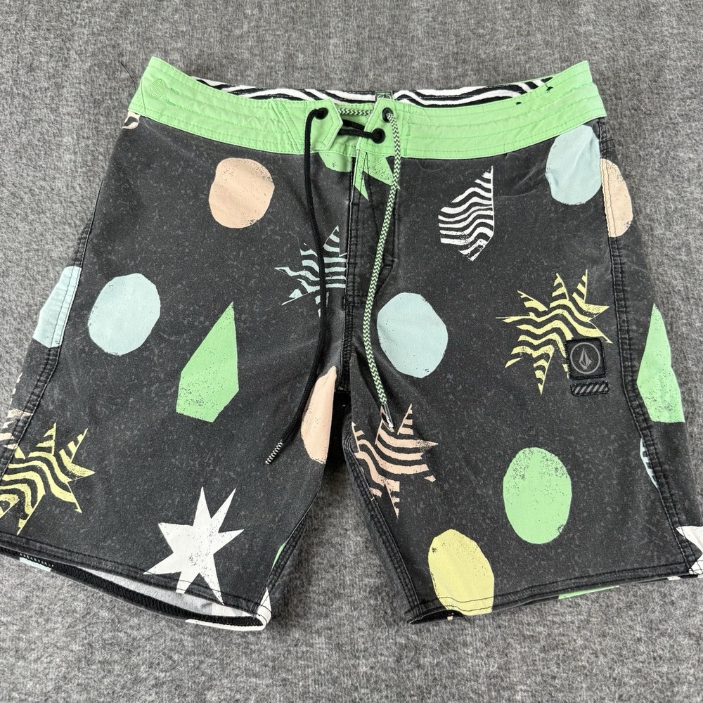 Volcom Mens Board Shorts Size 30 Black Green Geometric Surf Swim Trunks 16.5"